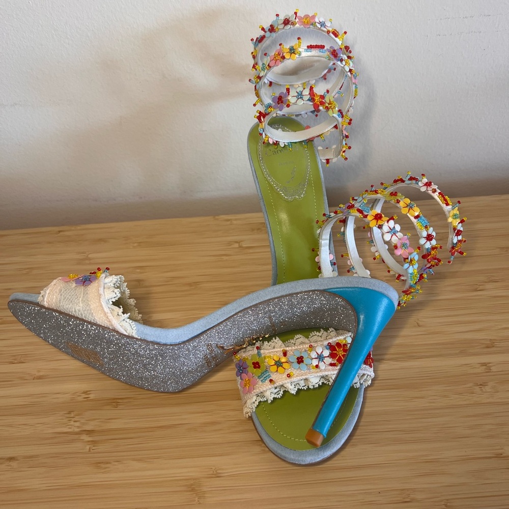 Floral Embellished Lace Strap High Heels - Green - Picture 4 of 6